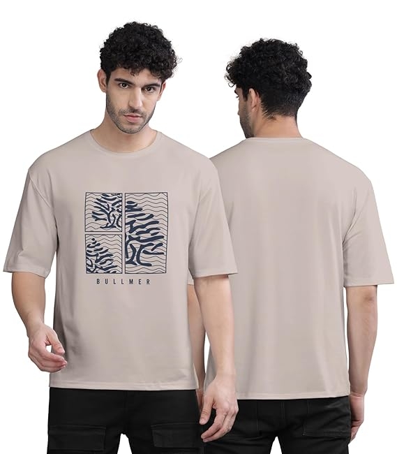 BULLMER Peach Trendy Front Printed oversized Round Neck T-shirt for men
