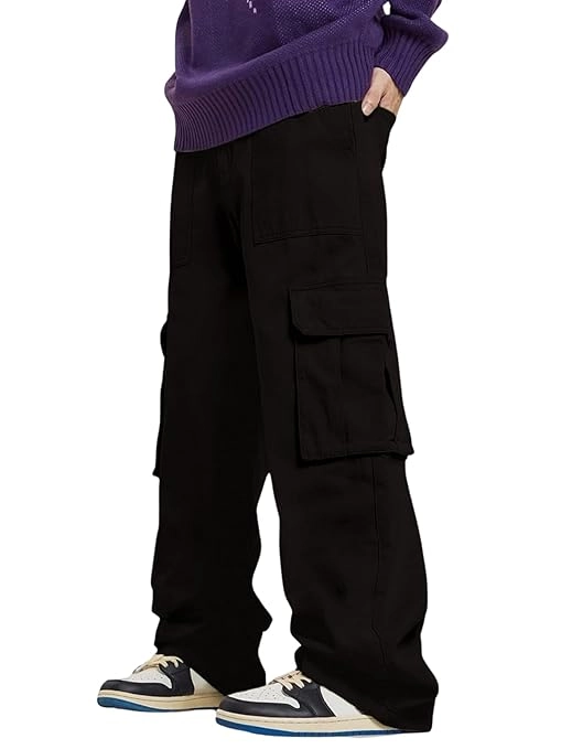 GRECIILOOKS Regular Fit Cotton Trousers Baggy Pants Cargos for Men (GL-TP-1076_Black_S)