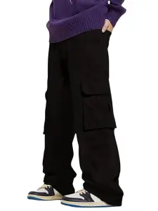 GRECIILOOKS Regular Fit Cotton Trousers Baggy Pants Cargos for Men (GL-TP-1076_Black_S)